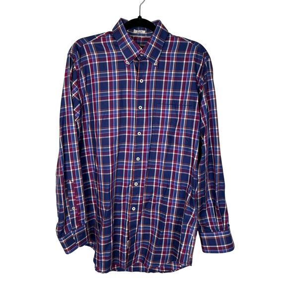Peter Millar Mens M Plaid Long Sleeve Button Up Dress Shirt 100% Cotton Navy Red - Picture 1 of 7